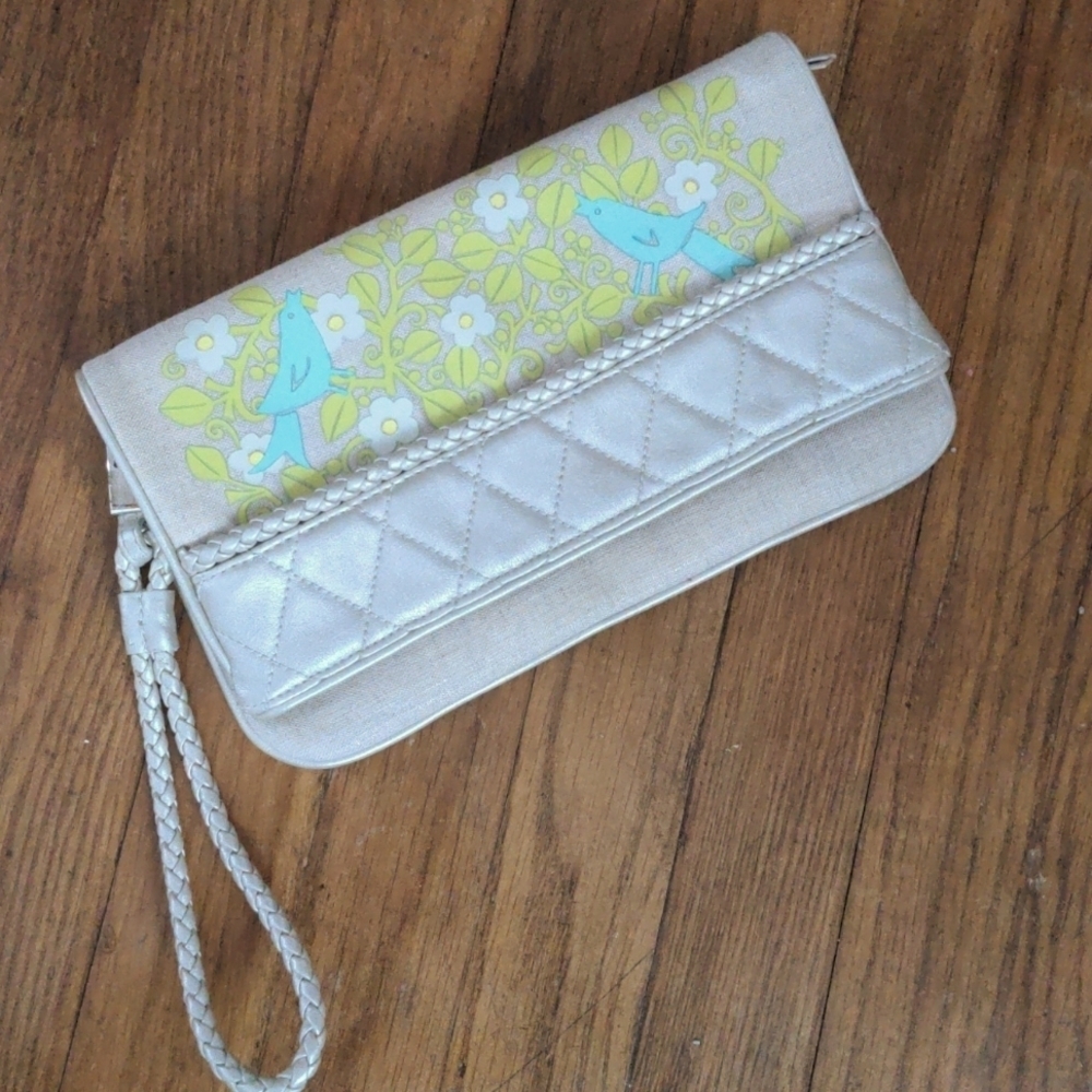 Vera Bradley Sunset Clutch Purse Sitting in a Tree Birds Ivory Aqua Lime 60s
